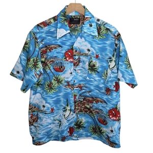 70s Vintage VanCort | Hawaiian Tropical Shirt Blue Marlin Beach Boys Size Medium